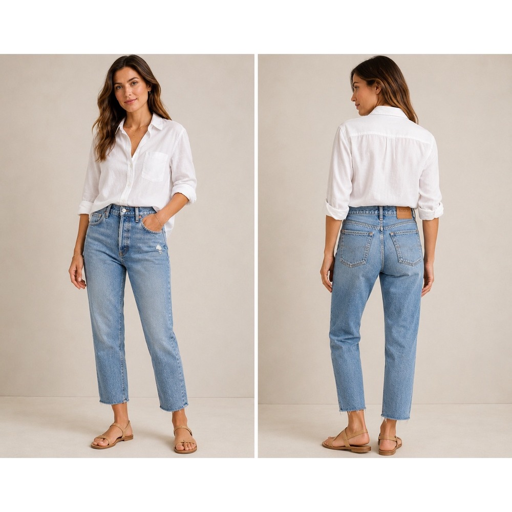 AGOLDE High Rise Straight Leg Distressed Jeans Light Wash Size 27‎ Button Fly